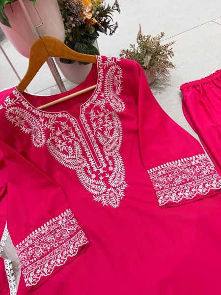 Gorgeous Hot Pink Designer Sushi Silk Farsi Suit Set with Embroidery Work at Manufacturer  Ready To Wear Collection