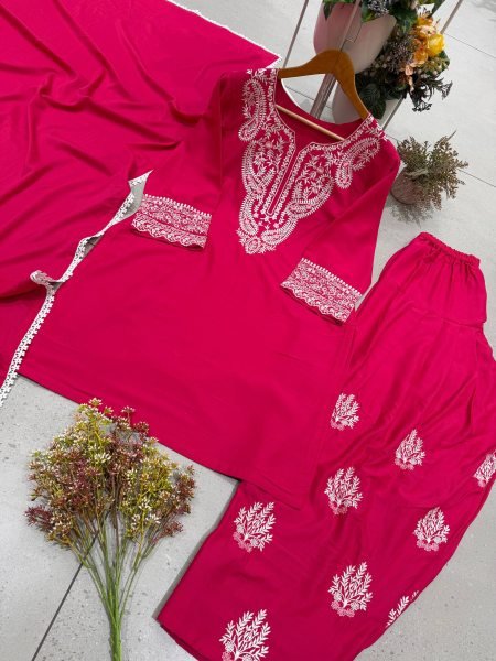 Gorgeous Hot Pink Designer Sushi Silk Farsi Suit Set with Embroidery Work at Manufacturer  Ready To Wear Collection