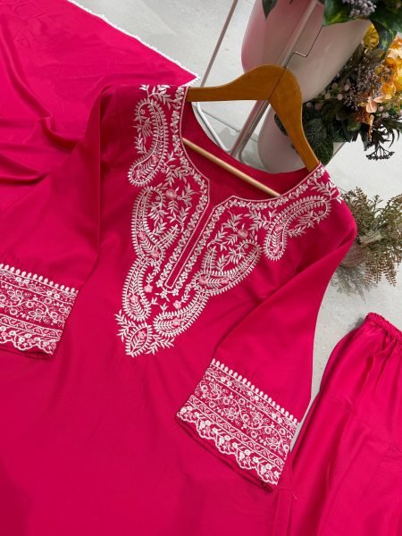 Gorgeous Hot Pink Designer Sushi Silk Farsi Suit Set with Embroidery Work at Manufacturer  Ready To Wear Collection
