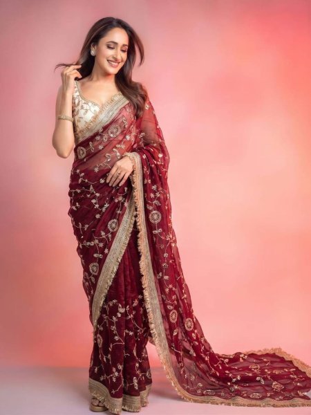 Gorgeous Maroon Designer Satin Saree with Bits Sequins Work for Party Wear Sarees 