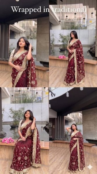 Gorgeous Maroon Designer Satin Saree with Bits Sequins Work for Party Wear Designer Wedding Sarees Wholesale
