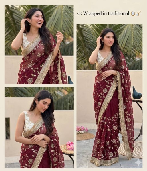 Gorgeous Maroon Designer Satin Saree with Bits Sequins Work for Party Wear Designer Wedding Sarees Wholesale