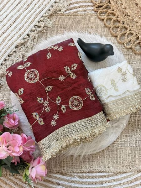 Gorgeous Maroon Designer Satin Saree with Bits Sequins Work for Party Wear Designer Wedding Sarees Wholesale