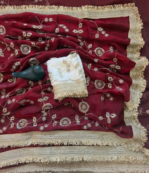 Gorgeous Maroon Designer Satin Saree with Bits Sequins Work for Party Wear Designer Wedding Sarees Wholesale
