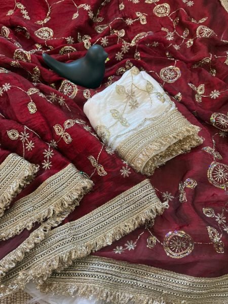 Gorgeous Maroon Designer Satin Saree with Bits Sequins Work for Party Wear Designer Wedding Sarees Wholesale