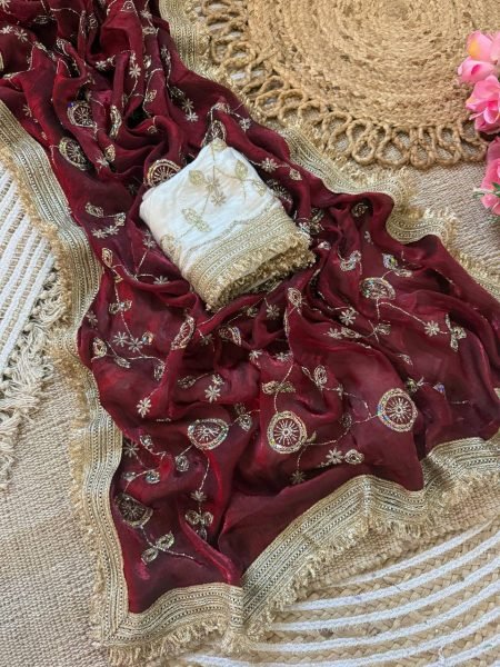 Gorgeous Maroon Designer Satin Saree with Bits Sequins Work for Party Wear Designer Wedding Sarees Wholesale