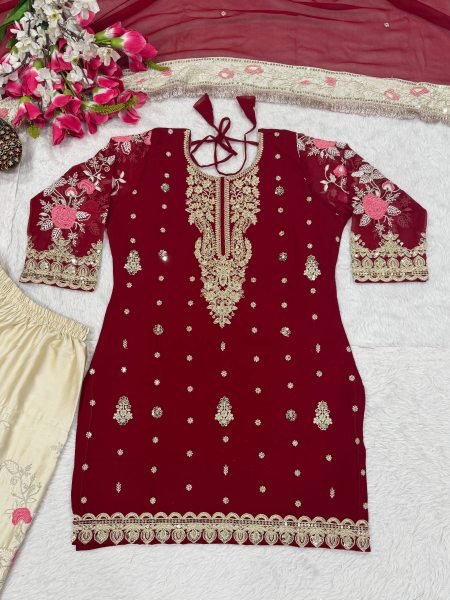 Gorgeous Maroon Faux Georgette Embroidered Kurti with Embroidery 5mm Sequence Work Patiyala Salwar and Dupatta Set Ready To Wear Collection