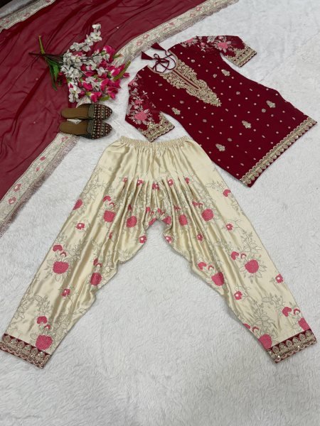 Gorgeous Maroon Faux Georgette Embroidered Kurti with Embroidery 5mm Sequence Work Patiyala Salwar and Dupatta Set Ready To Wear Collection