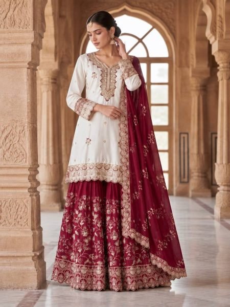 Gorgeous Maroon Pakistani Party Wear Chinon Silk Sharara with Stone Handwork  Ready To Wear Suit