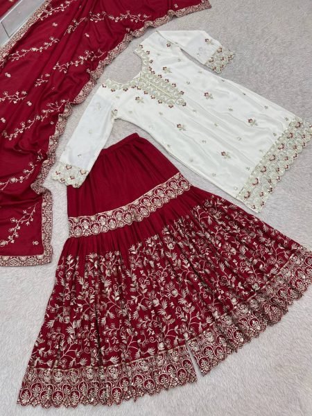 Gorgeous Maroon Pakistani Party Wear Chinon Silk Sharara with Stone Handwork  Ready To Wear Collection