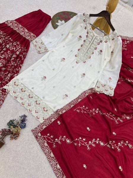 Gorgeous Maroon Pakistani Party Wear Chinon Silk Sharara with Stone Handwork  Ready To Wear Collection