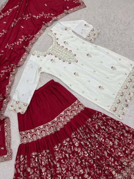 Gorgeous Maroon Pakistani Party Wear Chinon Silk Sharara with Stone Handwork  Ready To Wear Collection