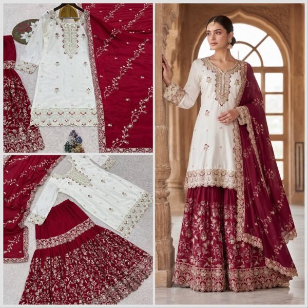 Gorgeous Maroon Pakistani Party Wear Chinon Silk Sharara with Stone Handwork  Ready To Wear Collection