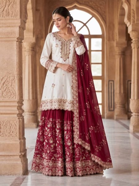 Gorgeous Maroon Pakistani Party Wear Chinon Silk Sharara with Stone Handwork  Ready To Wear Collection