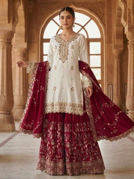 Gorgeous Maroon Pakistani Party Wear Chinon Silk Sharara with Stone Handwork  Ready To Wear Collection