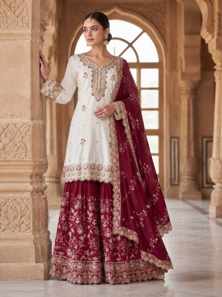 Gorgeous Maroon Pakistani Party Wear Chinon Silk Sharara with Stone Handwork  Ready To Wear Collection