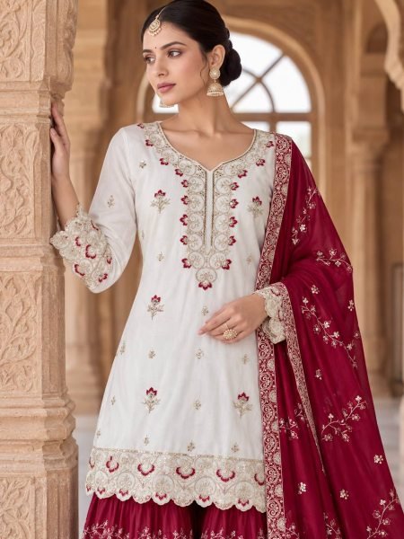 Gorgeous Maroon Pakistani Party Wear Chinon Silk Sharara with Stone Handwork  Ready To Wear Collection