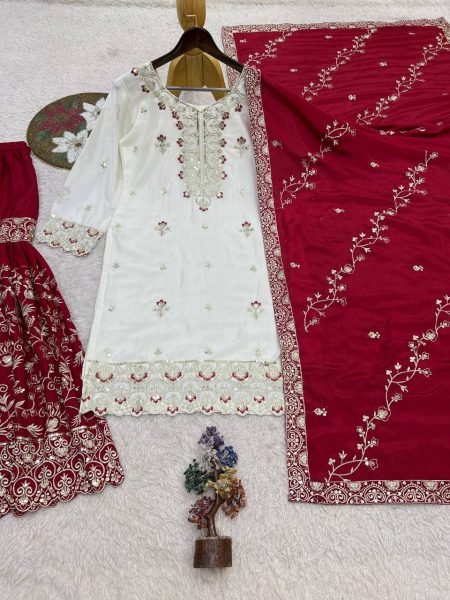 Gorgeous Maroon Pakistani Party Wear Chinon Silk Sharara with Stone Handwork  Ready To Wear Collection