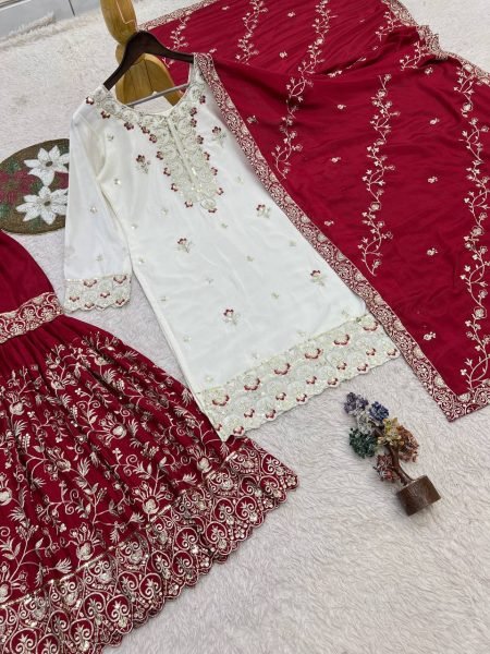 Gorgeous Maroon Pakistani Party Wear Chinon Silk Sharara with Stone Handwork  Ready To Wear Collection