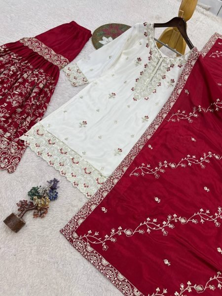 Gorgeous Maroon Pakistani Party Wear Chinon Silk Sharara with Stone Handwork  Ready To Wear Collection