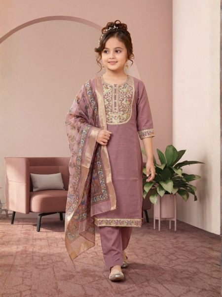 Gorgeous Mauve Girls Three Piece Suit Set with Jacquard Dupatta For Diwali Festival Kurtis