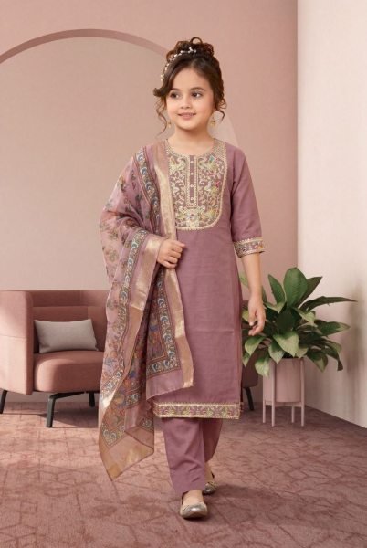 Gorgeous Mauve Girls Three Piece Suit Set with Jacquard Dupatta For Diwali Festival Girls Wear