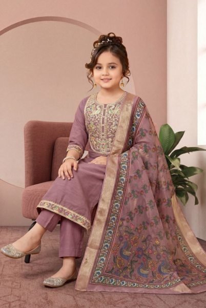 Gorgeous Mauve Girls Three Piece Suit Set with Jacquard Dupatta For Diwali Festival Girls Wear