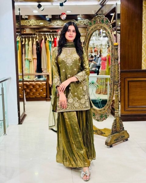 Gorgeous Mehndi Green Fendy Embroidered Hand work Kurta Plazzo Set with Net Moti Dupatta Ready To Wear Suit