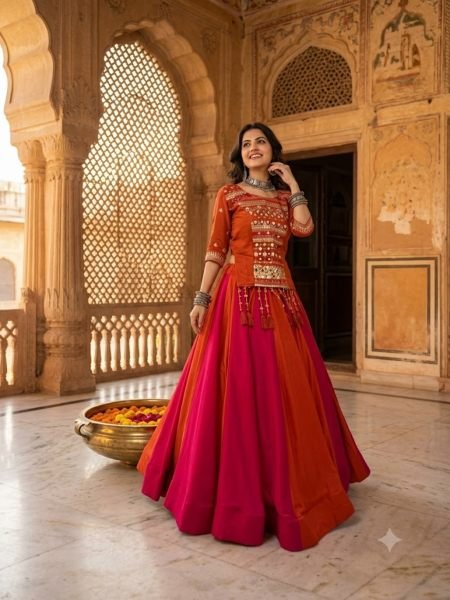 Gorgeous Orange pink Navratri Cotton Lehenga Choli with Mirror and Ribbon Work  Lehenga