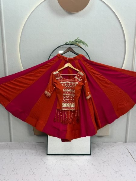 Gorgeous Orange pink Navratri Cotton Lehenga Choli with Mirror and Ribbon Work Navratri Lehnega Choli