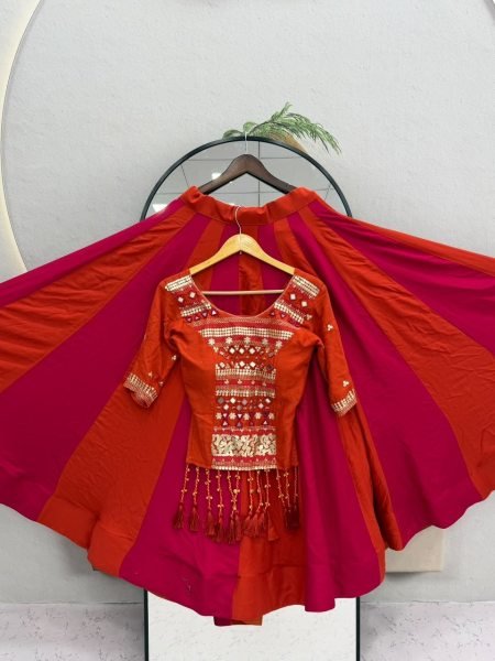 Gorgeous Orange pink Navratri Cotton Lehenga Choli with Mirror and Ribbon Work Navratri Lehnega Choli