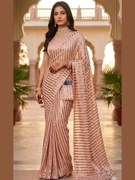 Gorgeous Peach Heavy Sequins Saree for Festive and Cocktail Events 