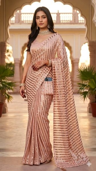 Gorgeous Peach Heavy Sequins Saree for Festive and Cocktail Events Bollywood Fancy Sarees Wholesale