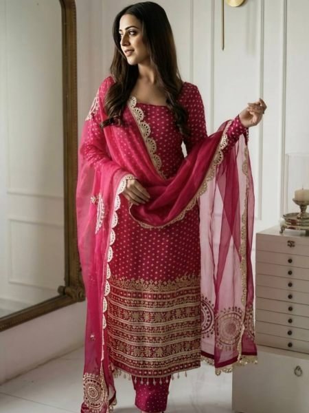 Gorgeous Pink Digital Printed Faux Georgette Top Sharara with Fancy Handwork and Dupatta Ready To Wear Suit