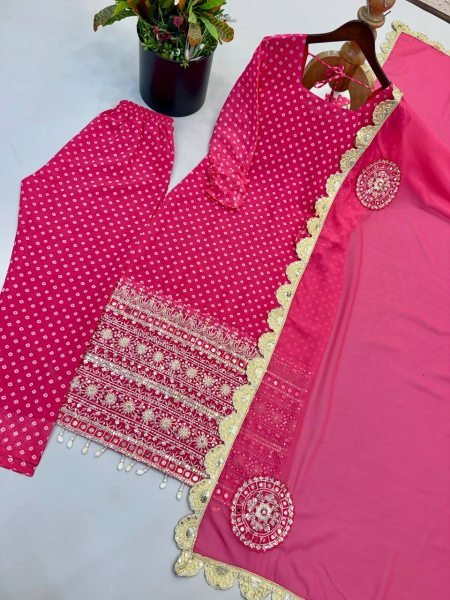 Gorgeous Pink Digital Printed Faux Georgette Top Sharara with Fancy Handwork and Dupatta Ready To Wear Collection