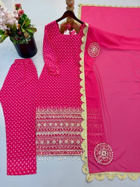 Gorgeous Pink Digital Printed Faux Georgette Top Sharara with Fancy Handwork and Dupatta Ready To Wear Collection
