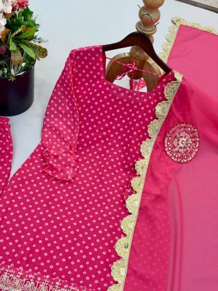 Gorgeous Pink Digital Printed Faux Georgette Top Sharara with Fancy Handwork and Dupatta Ready To Wear Collection