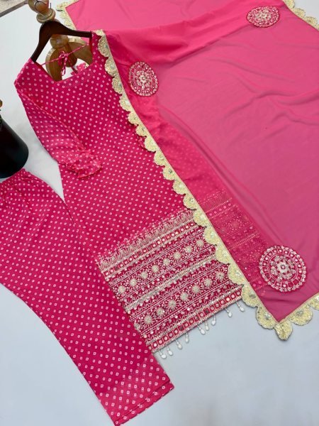 Gorgeous Pink Digital Printed Faux Georgette Top Sharara with Fancy Handwork and Dupatta Ready To Wear Collection