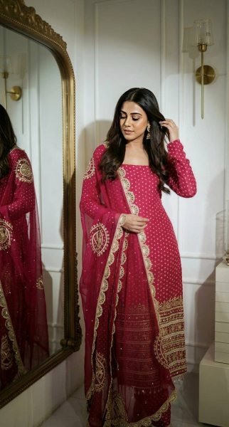 Gorgeous Pink Digital Printed Faux Georgette Top Sharara with Fancy Handwork and Dupatta Ready To Wear Collection