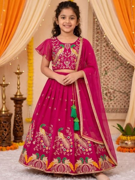 Gorgeous Pink Kids Georgette Lehenga Choli Set with Embroidery Work Kurtis