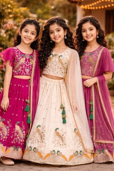 Gorgeous Pink Kids Georgette Lehenga Choli Set with Embroidery Work Girls Wear