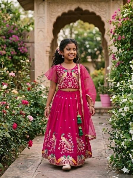 Gorgeous Pink Kids Georgette Lehenga Choli Set with Embroidery Work Girls Wear