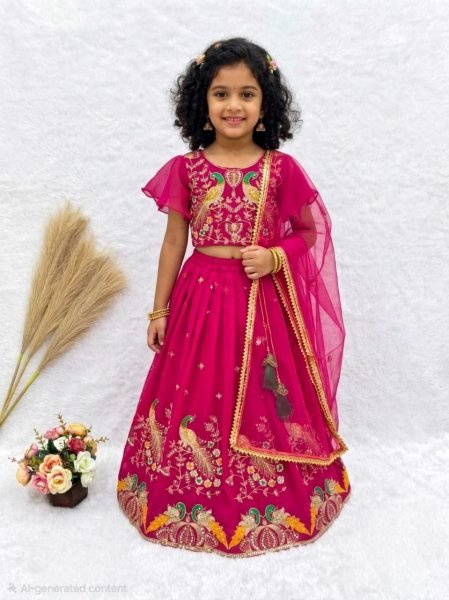 Gorgeous Pink Kids Georgette Lehenga Choli Set with Embroidery Work Girls Wear