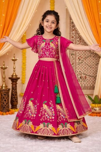 Gorgeous Pink Kids Georgette Lehenga Choli Set with Embroidery Work Girls Wear