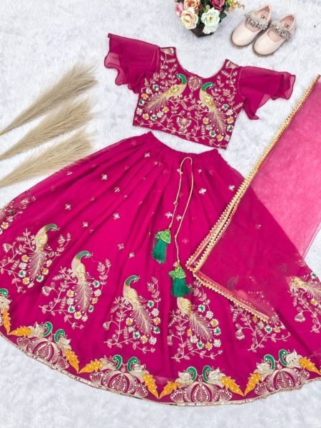 Gorgeous Pink Kids Georgette Lehenga Choli Set with Embroidery Work Girls Wear