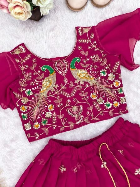 Gorgeous Pink Kids Georgette Lehenga Choli Set with Embroidery Work Girls Wear