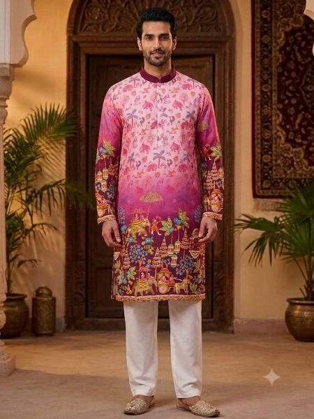 Gorgeous Pink Men's Heavy Cotton Kurta with Golden Thread and Sequins Work 