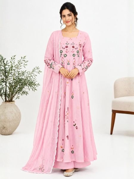 Gorgeous Pink Mul Chanderi Embroidered Top Pant Dupatta Set with Potli for Festival Ready To Wear Suit