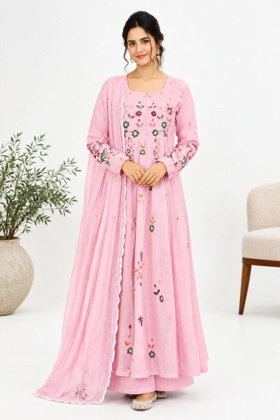 Gorgeous Pink Mul Chanderi Embroidered Top Pant Dupatta Set with Potli for Festival Ready To Wear Collection