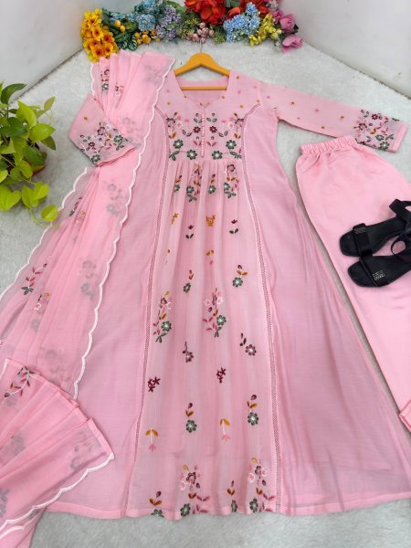 Gorgeous Pink Mul Chanderi Embroidered Top Pant Dupatta Set with Potli for Festival Ready To Wear Collection